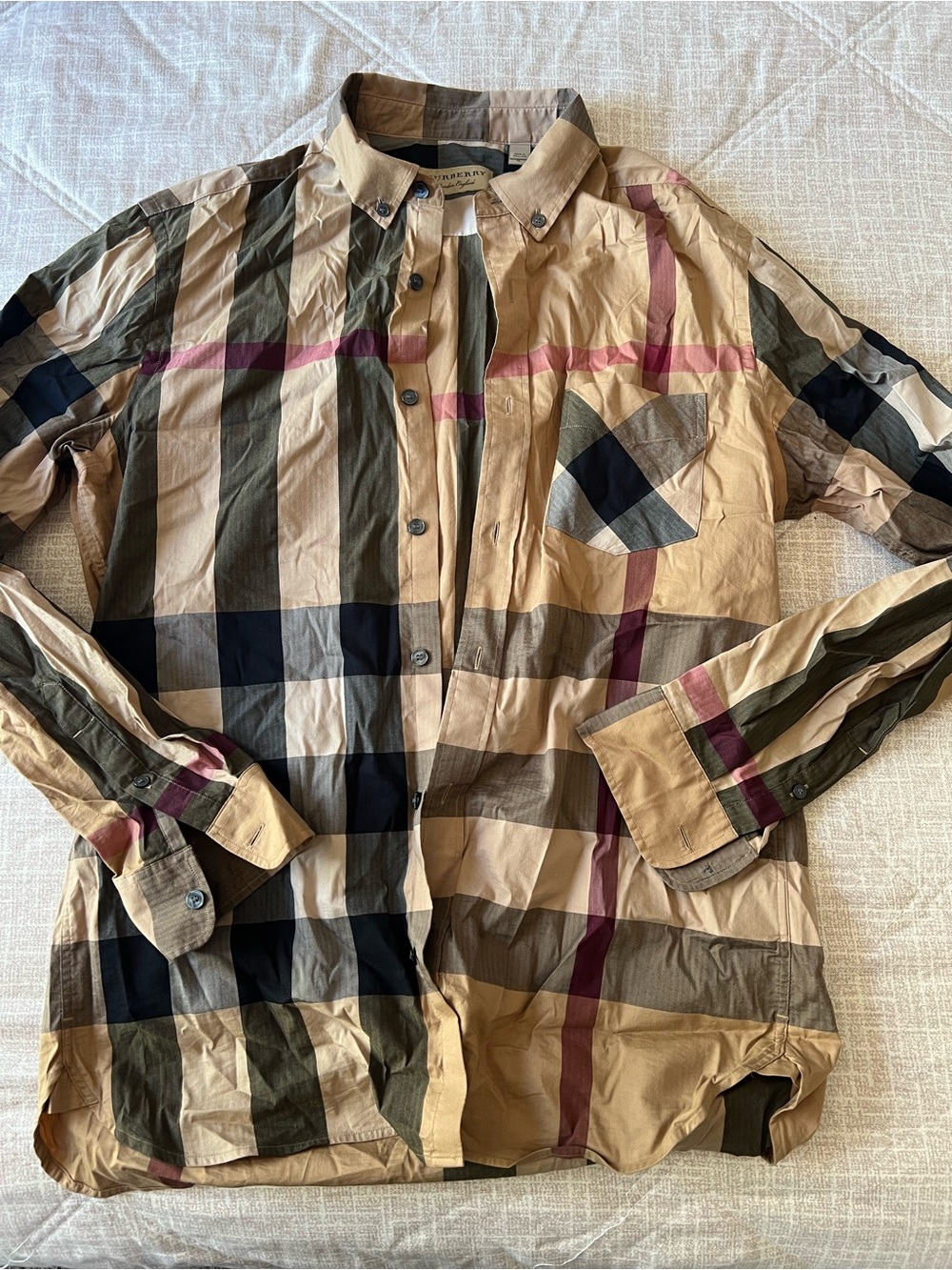 Burberry Beige & Black Check Lightweight Shirt Jacket with Burgundy Accents